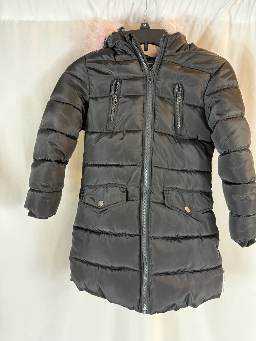 Black Long Puffer Coat with Pink Faux-Fur Hood Trim